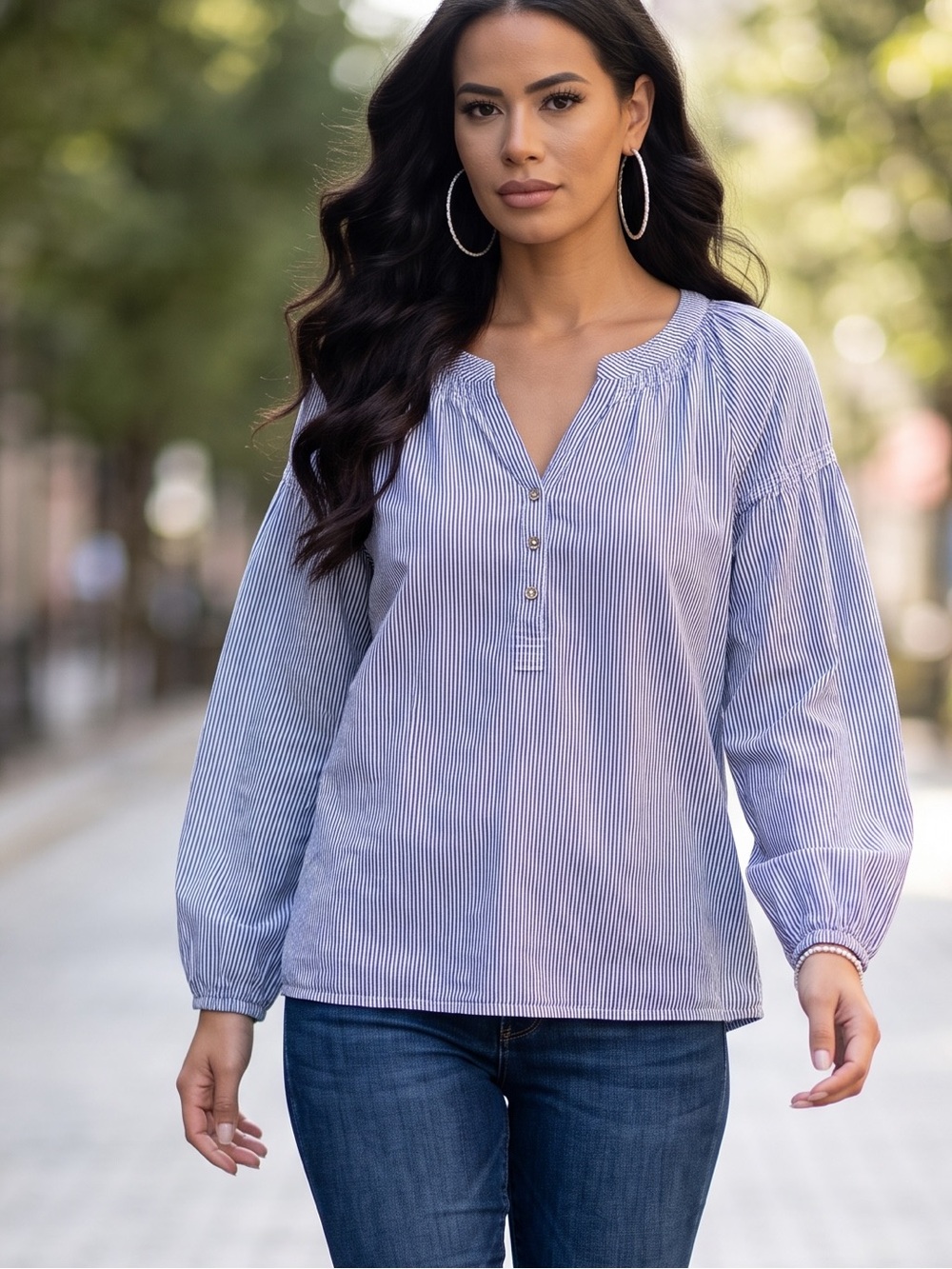 J. Jill Navy and White Striped Button-Front Peasant Blouse